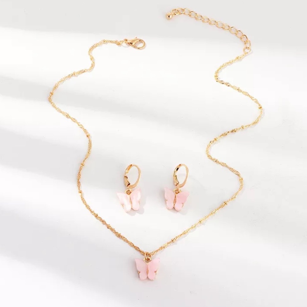 NEW 💎 Pink Butterfly Earrings and Necklace set - Picture 2 of 5